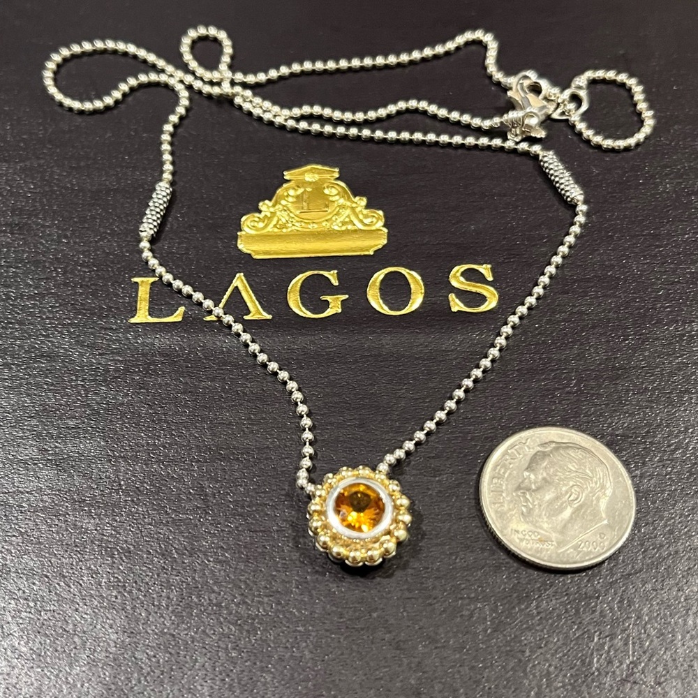 LAGOS AUTHENTIC GENUINE CITRINE STONE; 18K GOLD BEADS STERLING SILVER NECKLACE